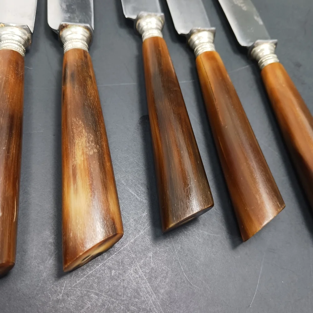 6 Vintage Dutch Antler/Horn Handle Sharp DINNER KNIVES EUC
